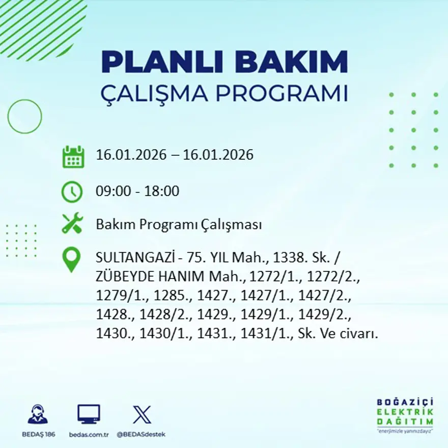 İstanbul'un 22 ilçesinde elektrik kesintisi, 9 saat sürecek (16 Ocak BEDAŞ elektrik kesintisi) 27