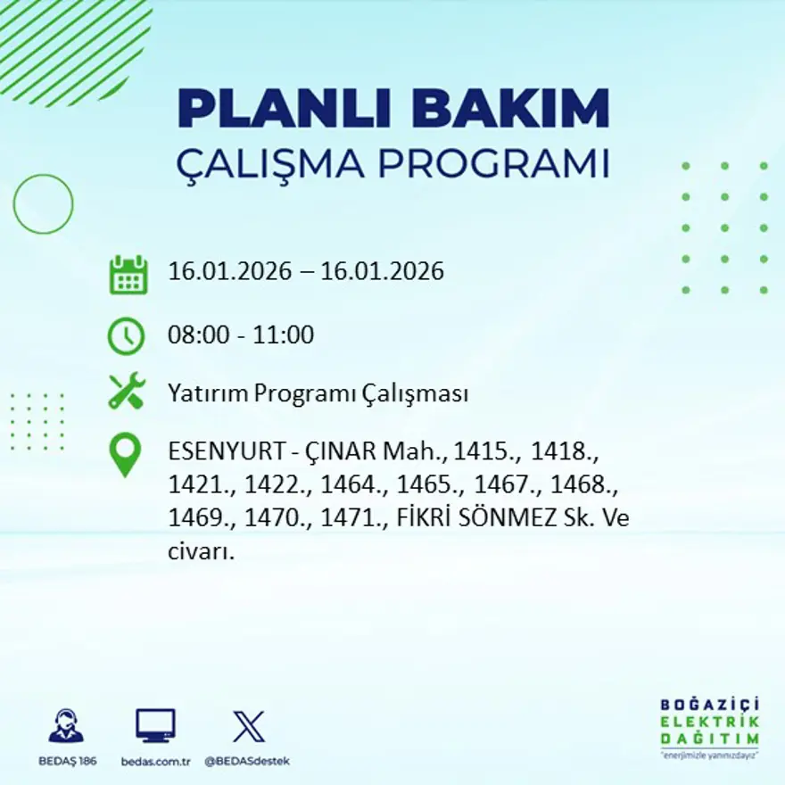 İstanbul'un 22 ilçesinde elektrik kesintisi, 9 saat sürecek (16 Ocak BEDAŞ elektrik kesintisi) 49