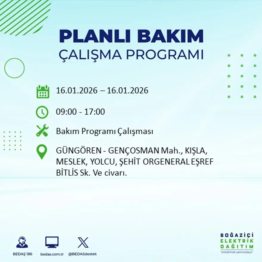 İstanbul'un 22 ilçesinde elektrik kesintisi, 9 saat sürecek (16 Ocak BEDAŞ elektrik kesintisi) 60