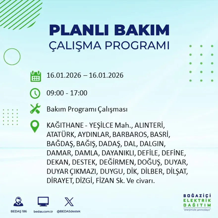 İstanbul'un 22 ilçesinde elektrik kesintisi, 9 saat sürecek (16 Ocak BEDAŞ elektrik kesintisi) 13
