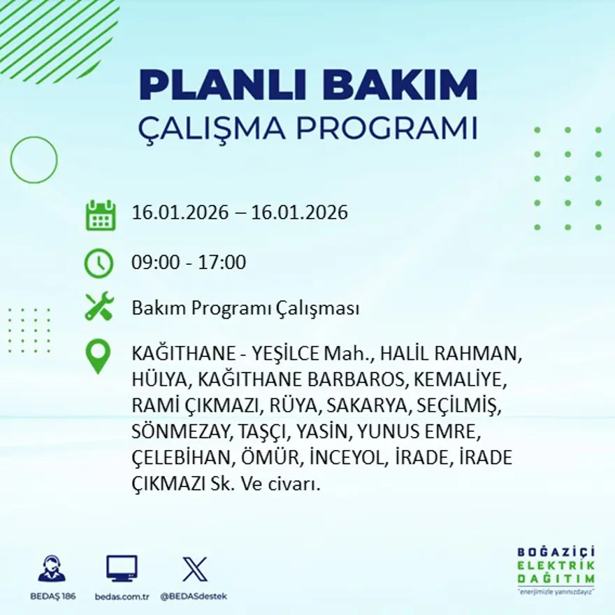 İstanbul'un 22 ilçesinde elektrik kesintisi, 9 saat sürecek (16 Ocak BEDAŞ elektrik kesintisi) 22