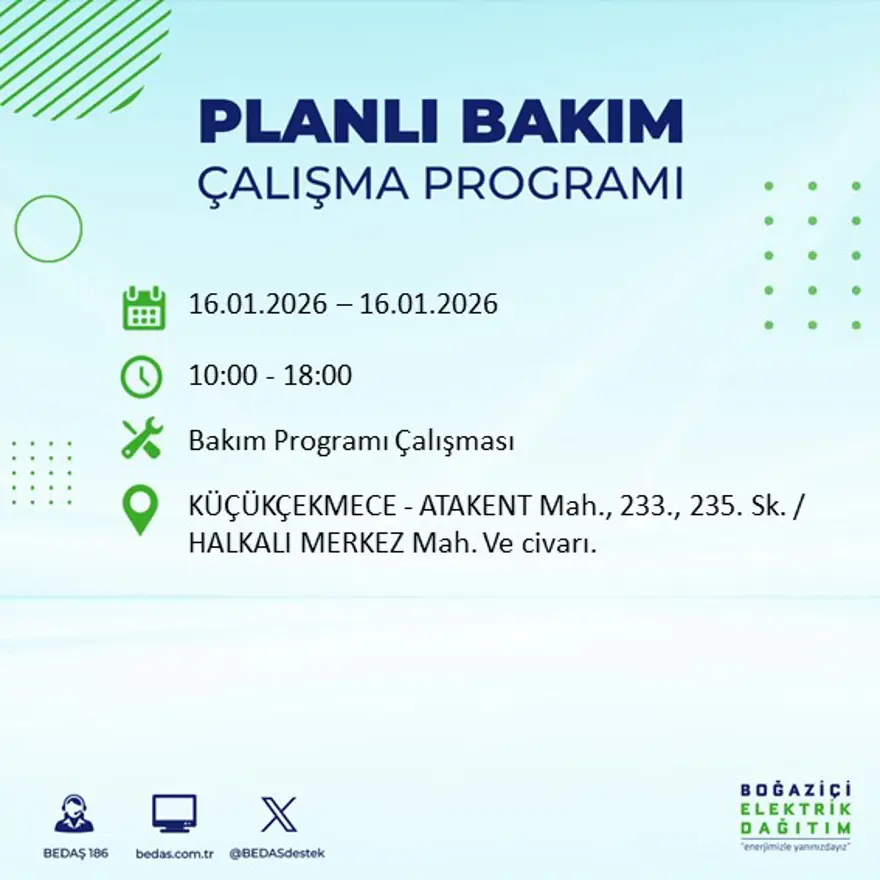 İstanbul'un 22 ilçesinde elektrik kesintisi, 9 saat sürecek (16 Ocak BEDAŞ elektrik kesintisi) 65