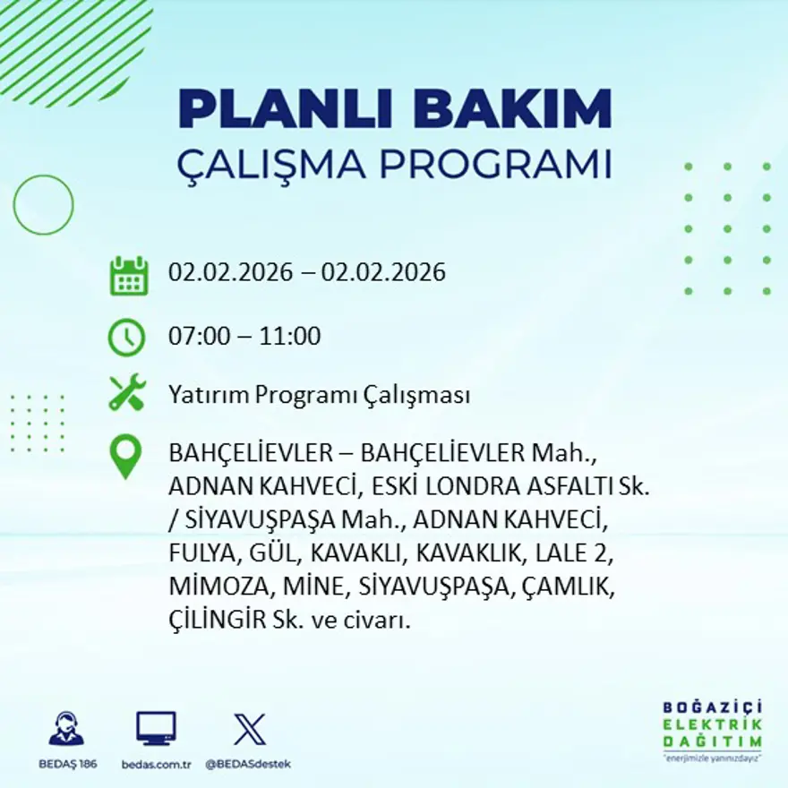 Gece başlayacak sabaha kadar sürecek! İstanbul'un 21 ilçesinde 9 saatlik elektrik kesintisi (2 Şubat BEDAŞ elektrik kesintisi) 17 Gece başlayacak sabaha kadar sürecek! İstanbul'un 21 ilçesinde 9 saatlik elektrik kesintisi (2 Şubat BEDAŞ elektrik kesintisi) 17
