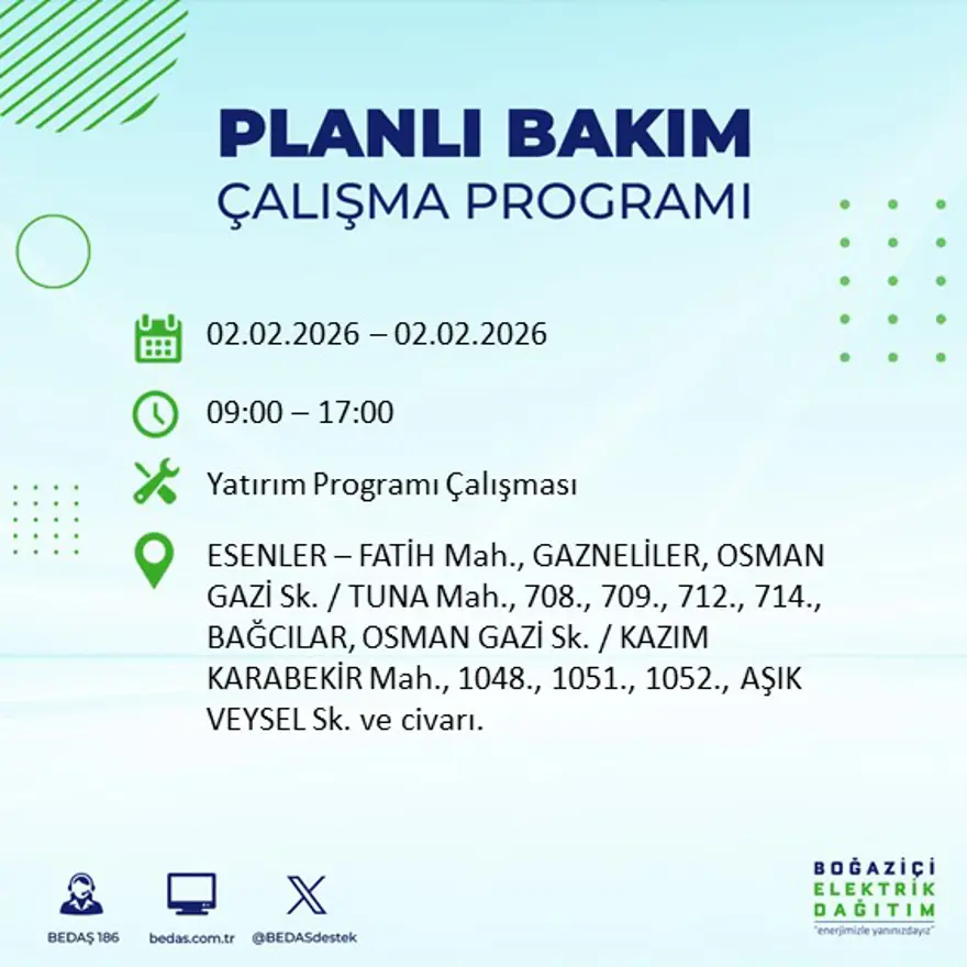 Gece başlayacak sabaha kadar sürecek! İstanbul'un 21 ilçesinde 9 saatlik elektrik kesintisi (2 Şubat BEDAŞ elektrik kesintisi) 23 Gece başlayacak sabaha kadar sürecek! İstanbul'un 21 ilçesinde 9 saatlik elektrik kesintisi (2 Şubat BEDAŞ elektrik kesintisi) 23