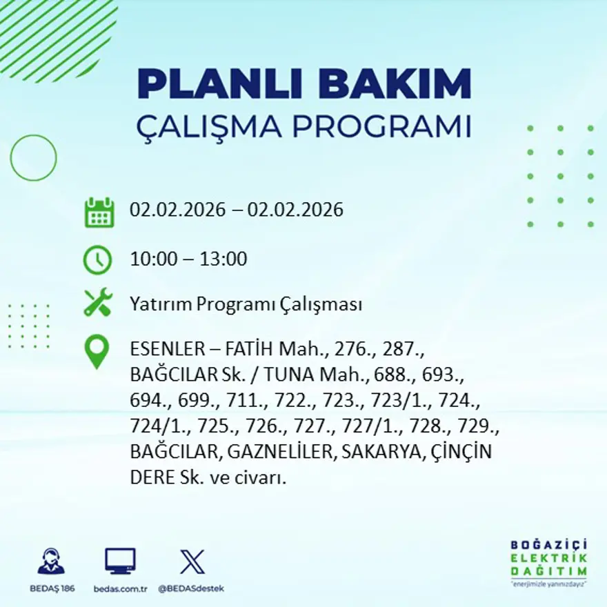 Gece başlayacak sabaha kadar sürecek! İstanbul'un 21 ilçesinde 9 saatlik elektrik kesintisi (2 Şubat BEDAŞ elektrik kesintisi) 19 Gece başlayacak sabaha kadar sürecek! İstanbul'un 21 ilçesinde 9 saatlik elektrik kesintisi (2 Şubat BEDAŞ elektrik kesintisi) 19