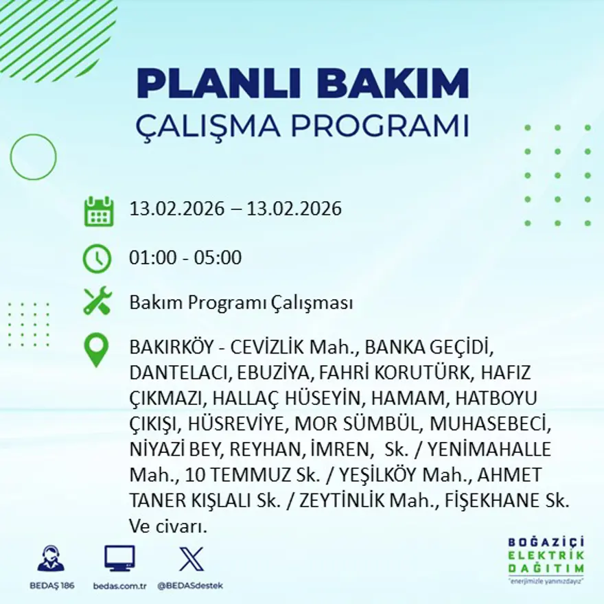 Gece 7 saat boyunca elektrik olmayacak! İstanbul'un 23 ilçesinde elektrik kesintisi (13 Şubat BEDAŞ elektrik kesintisi) 13 Gece 7 saat boyunca elektrik olmayacak! İstanbul'un 23 ilçesinde elektrik kesintisi (13 Şubat BEDAŞ elektrik kesintisi) 13