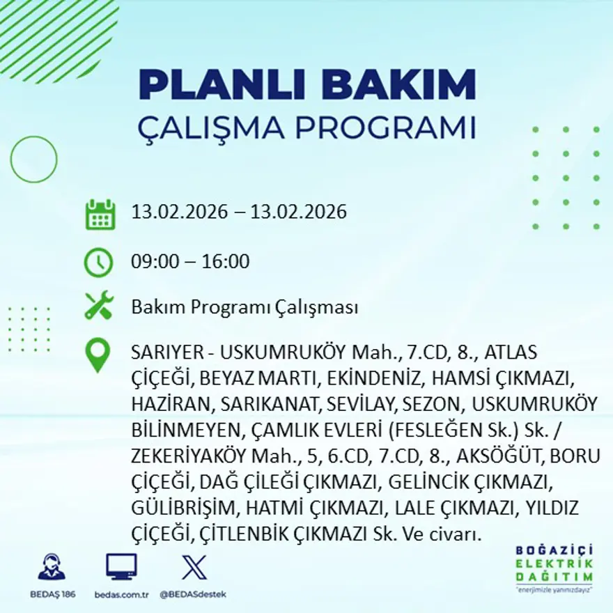 Gece 7 saat boyunca elektrik olmayacak! İstanbul'un 23 ilçesinde elektrik kesintisi (13 Şubat BEDAŞ elektrik kesintisi) 3 Gece 7 saat boyunca elektrik olmayacak! İstanbul'un 23 ilçesinde elektrik kesintisi (13 Şubat BEDAŞ elektrik kesintisi) 3