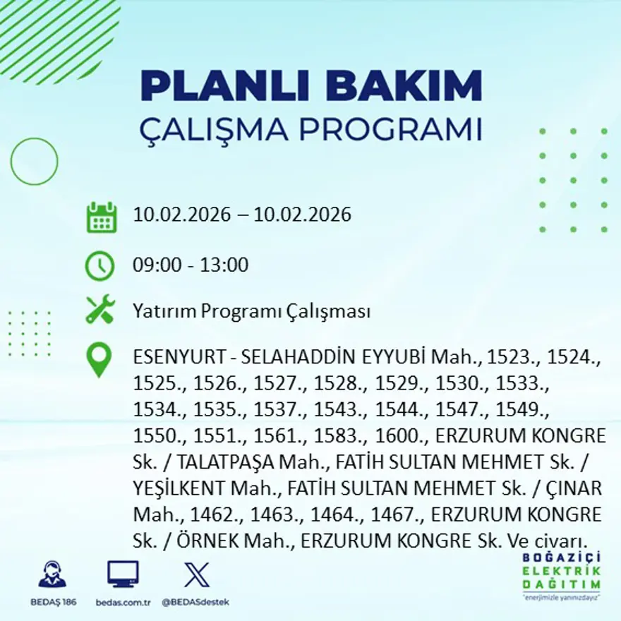 Akşam saatlerine kadar sürecek! İstanbul'un 22 ilçesinde elektrik kesintisi: 9 saat sürecek (10 Şubat BEDAŞ elektrik kesintisi) 3
