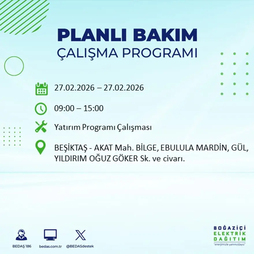 İstanbul'un 24 ilçesinde yarın elektrikler olmayacak: Birçok ilçede 6 saat elektrik kesintisi yaşanacak (27 Şubat BEDAŞ kesinti programı) 43