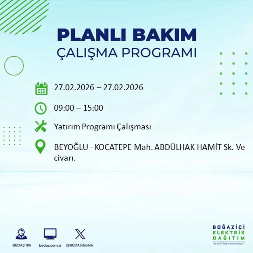İstanbul'un 24 ilçesinde yarın elektrikler olmayacak: Birçok ilçede 6 saat elektrik kesintisi yaşanacak (27 Şubat BEDAŞ kesinti programı) 54