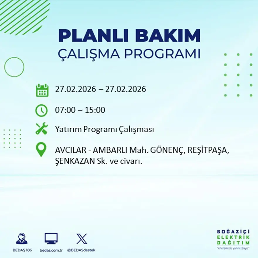 İstanbul'un 24 ilçesinde yarın elektrikler olmayacak: Birçok ilçede 6 saat elektrik kesintisi yaşanacak (27 Şubat BEDAŞ kesinti programı) 48