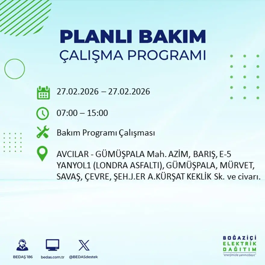 İstanbul'un 24 ilçesinde yarın elektrikler olmayacak: Birçok ilçede 6 saat elektrik kesintisi yaşanacak (27 Şubat BEDAŞ kesinti programı) 26
