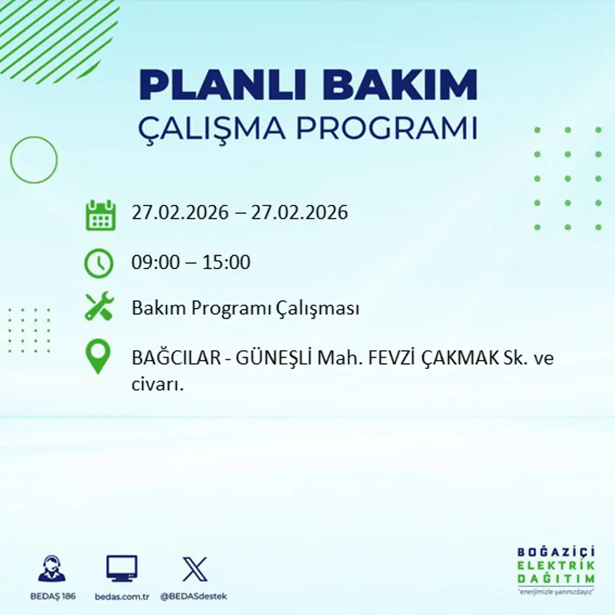 İstanbul'un 24 ilçesinde yarın elektrikler olmayacak: Birçok ilçede 6 saat elektrik kesintisi yaşanacak (27 Şubat BEDAŞ kesinti programı) 59
