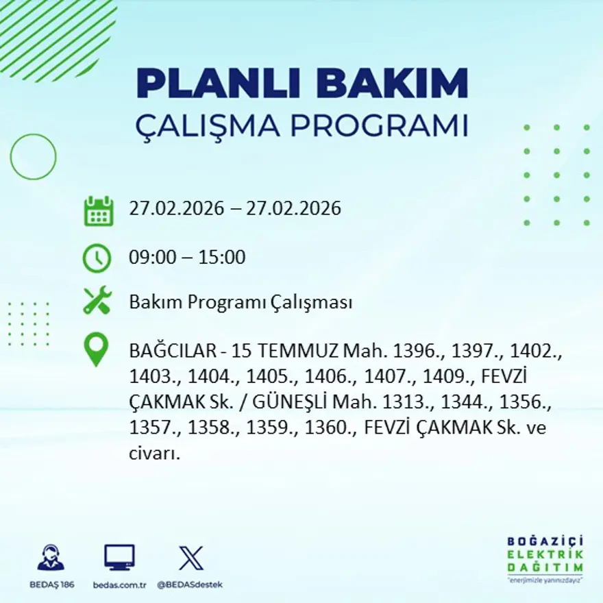 İstanbul'un 24 ilçesinde yarın elektrikler olmayacak: Birçok ilçede 6 saat elektrik kesintisi yaşanacak (27 Şubat BEDAŞ kesinti programı) 17