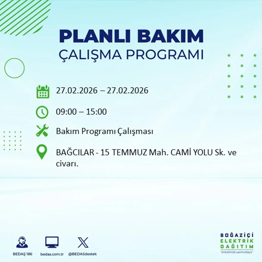 İstanbul'un 24 ilçesinde yarın elektrikler olmayacak: Birçok ilçede 6 saat elektrik kesintisi yaşanacak (27 Şubat BEDAŞ kesinti programı) 60