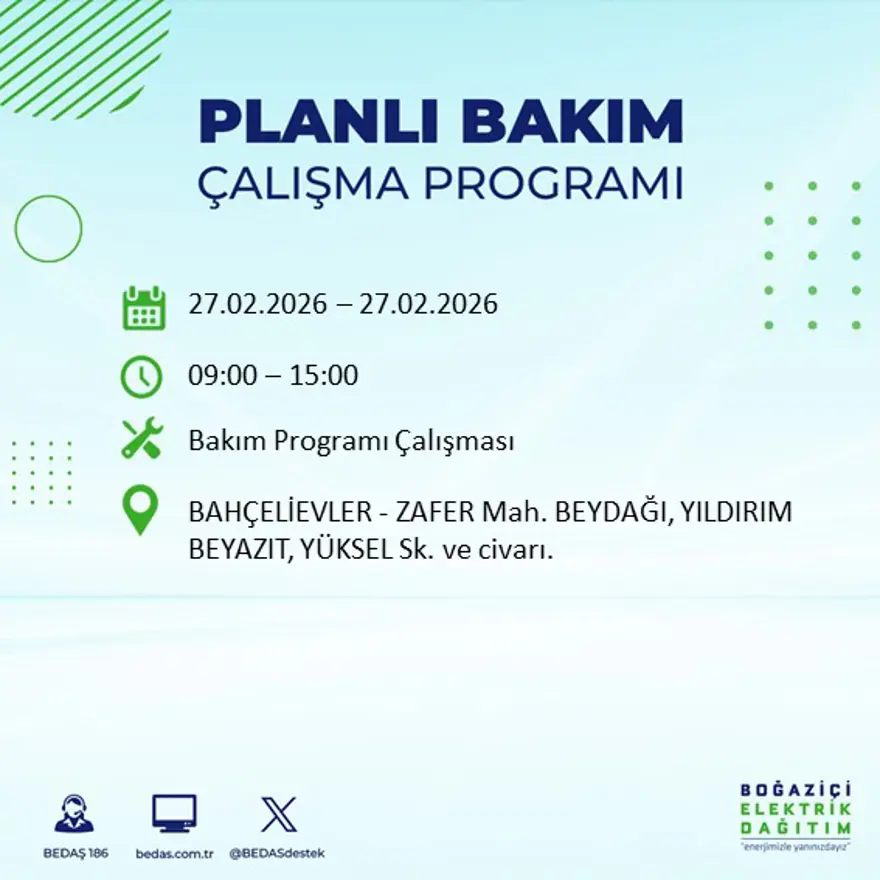 İstanbul'un 24 ilçesinde yarın elektrikler olmayacak: Birçok ilçede 6 saat elektrik kesintisi yaşanacak (27 Şubat BEDAŞ kesinti programı) 47