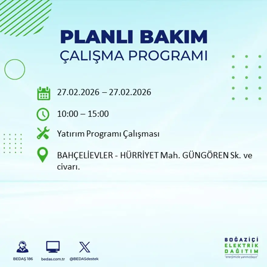 İstanbul'un 24 ilçesinde yarın elektrikler olmayacak: Birçok ilçede 6 saat elektrik kesintisi yaşanacak (27 Şubat BEDAŞ kesinti programı) 55