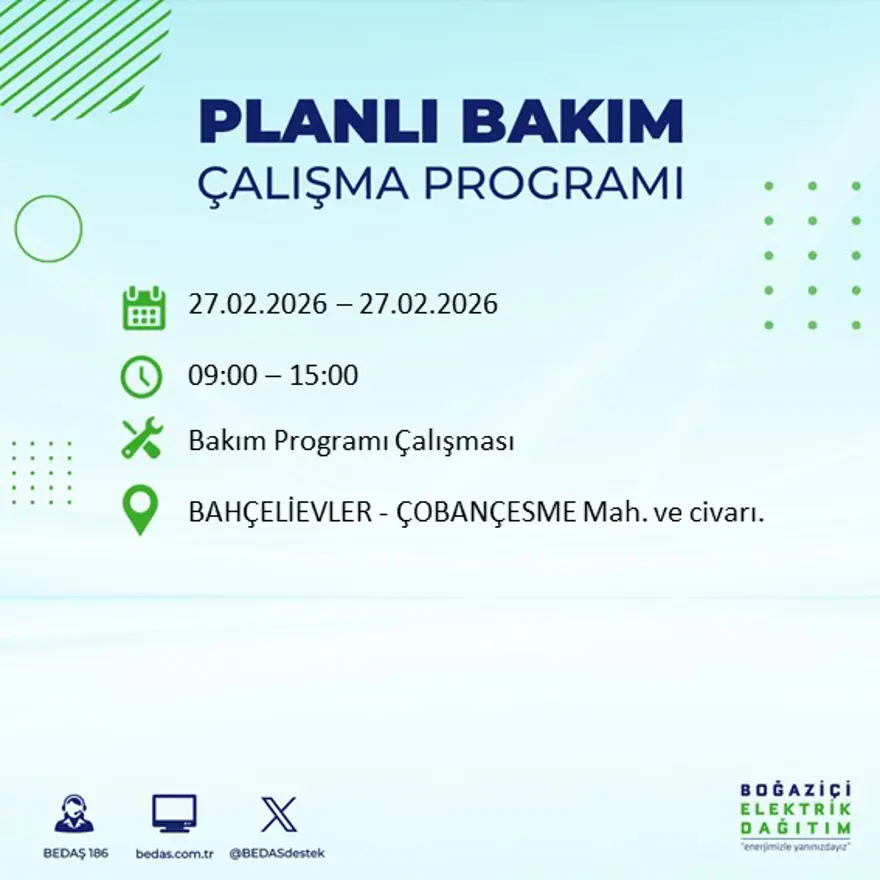 İstanbul'un 24 ilçesinde yarın elektrikler olmayacak: Birçok ilçede 6 saat elektrik kesintisi yaşanacak (27 Şubat BEDAŞ kesinti programı) 65