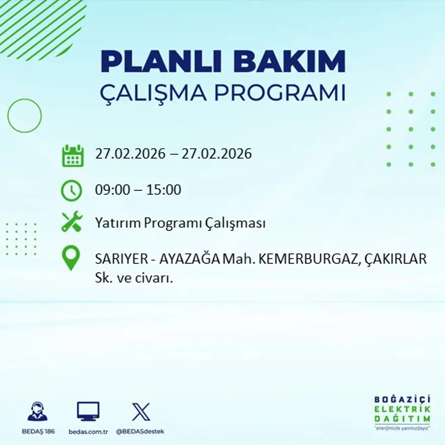 İstanbul'un 24 ilçesinde yarın elektrikler olmayacak: Birçok ilçede 6 saat elektrik kesintisi yaşanacak (27 Şubat BEDAŞ kesinti programı) 51