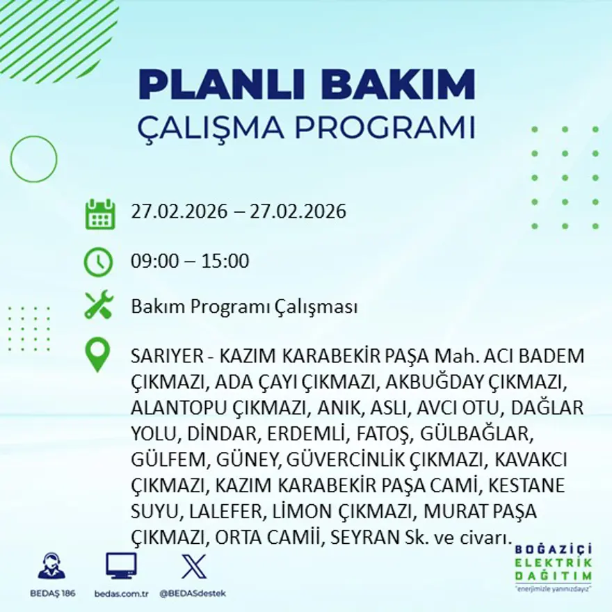İstanbul'un 24 ilçesinde yarın elektrikler olmayacak: Birçok ilçede 6 saat elektrik kesintisi yaşanacak (27 Şubat BEDAŞ kesinti programı) 7