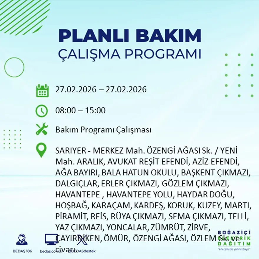 İstanbul'un 24 ilçesinde yarın elektrikler olmayacak: Birçok ilçede 6 saat elektrik kesintisi yaşanacak (27 Şubat BEDAŞ kesinti programı) 3