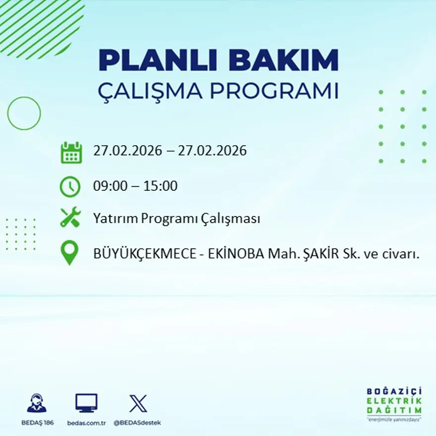 İstanbul'un 24 ilçesinde yarın elektrikler olmayacak: Birçok ilçede 6 saat elektrik kesintisi yaşanacak (27 Şubat BEDAŞ kesinti programı) 61