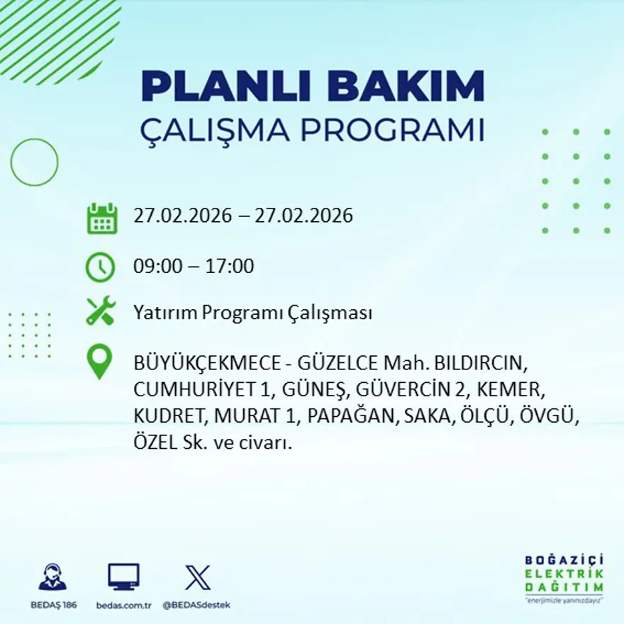 İstanbul'un 24 ilçesinde yarın elektrikler olmayacak: Birçok ilçede 6 saat elektrik kesintisi yaşanacak (27 Şubat BEDAŞ kesinti programı) 24