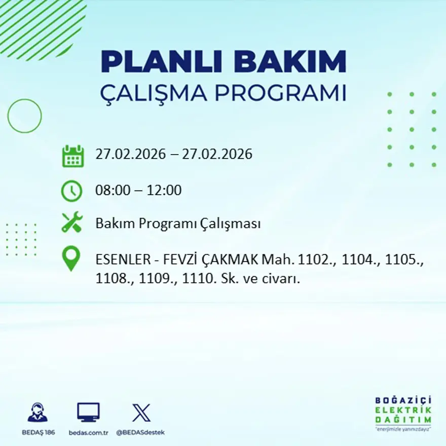 İstanbul'un 24 ilçesinde yarın elektrikler olmayacak: Birçok ilçede 6 saat elektrik kesintisi yaşanacak (27 Şubat BEDAŞ kesinti programı) 46