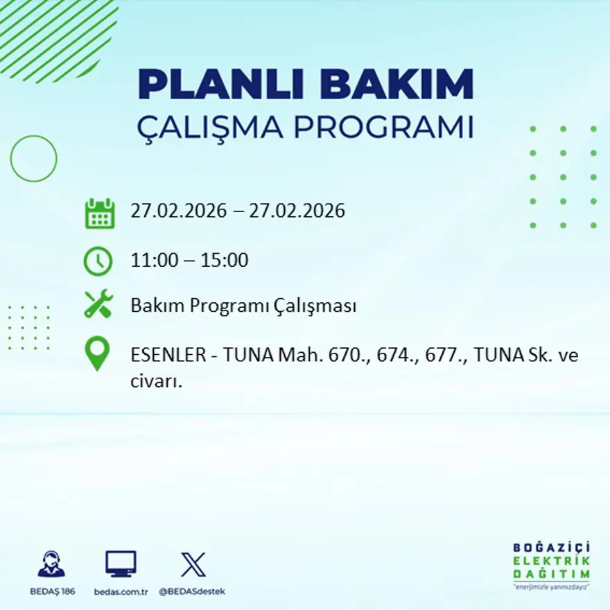 İstanbul'un 24 ilçesinde yarın elektrikler olmayacak: Birçok ilçede 6 saat elektrik kesintisi yaşanacak (27 Şubat BEDAŞ kesinti programı) 57