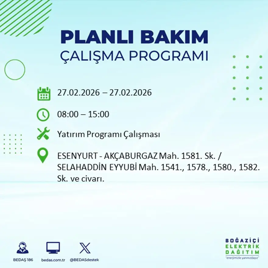 İstanbul'un 24 ilçesinde yarın elektrikler olmayacak: Birçok ilçede 6 saat elektrik kesintisi yaşanacak (27 Şubat BEDAŞ kesinti programı) 40