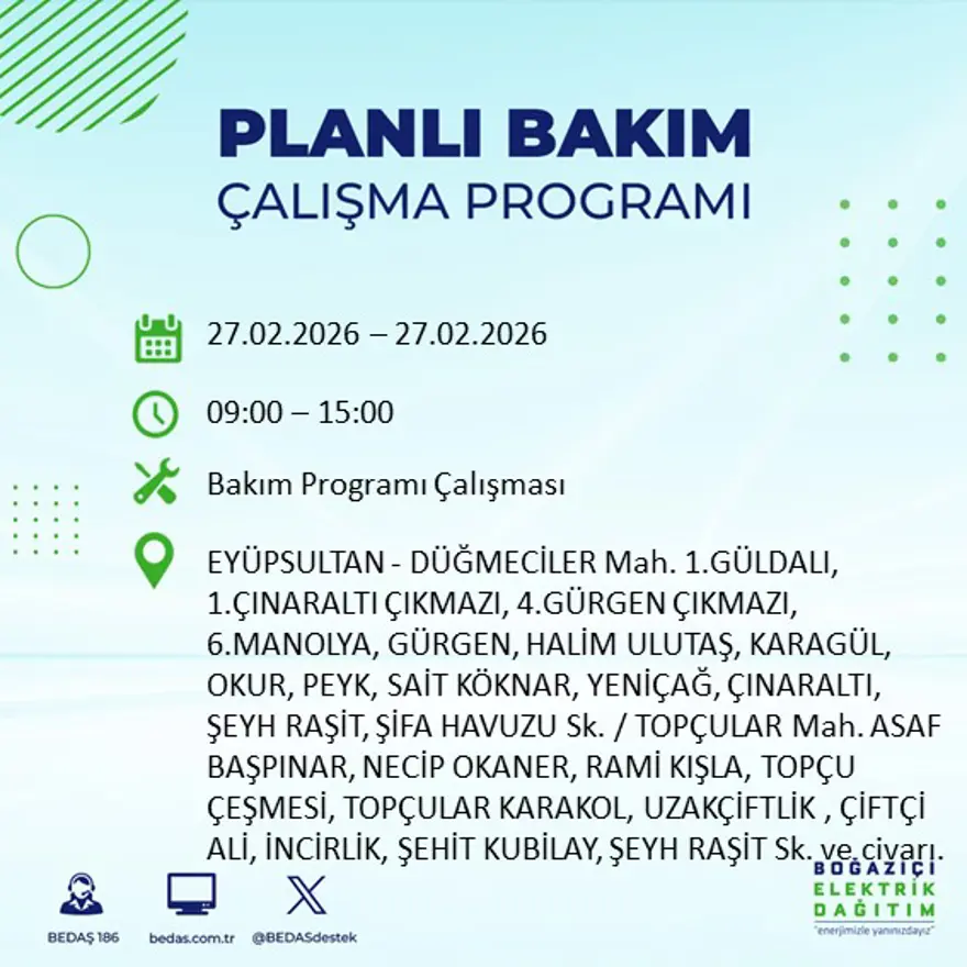 İstanbul'un 24 ilçesinde yarın elektrikler olmayacak: Birçok ilçede 6 saat elektrik kesintisi yaşanacak (27 Şubat BEDAŞ kesinti programı) 5