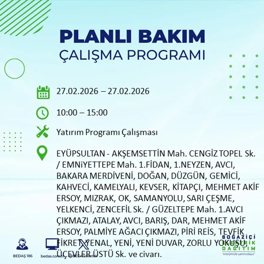 İstanbul'un 24 ilçesinde yarın elektrikler olmayacak: Birçok ilçede 6 saat elektrik kesintisi yaşanacak (27 Şubat BEDAŞ kesinti programı) 2