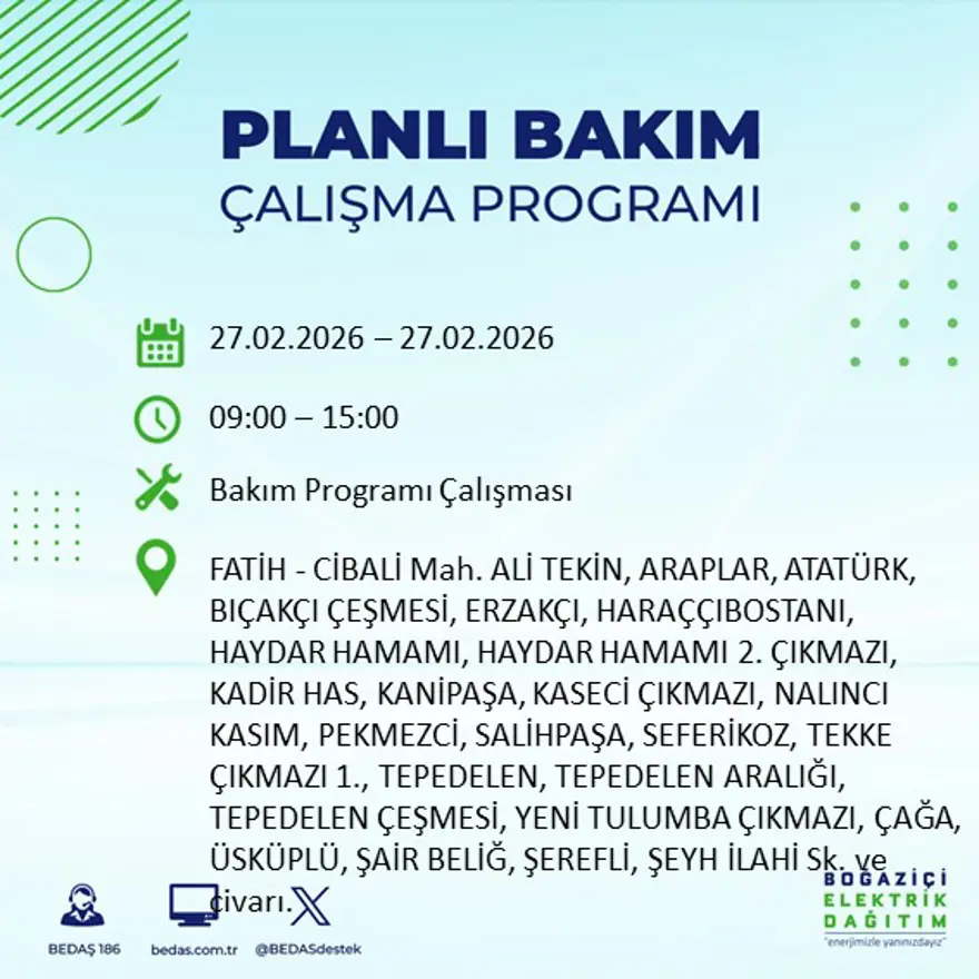 İstanbul'un 24 ilçesinde yarın elektrikler olmayacak: Birçok ilçede 6 saat elektrik kesintisi yaşanacak (27 Şubat BEDAŞ kesinti programı) 4