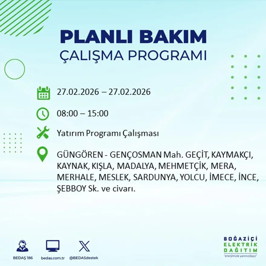 İstanbul'un 24 ilçesinde yarın elektrikler olmayacak: Birçok ilçede 6 saat elektrik kesintisi yaşanacak (27 Şubat BEDAŞ kesinti programı) 22