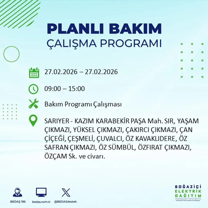 İstanbul'un 24 ilçesinde yarın elektrikler olmayacak: Birçok ilçede 6 saat elektrik kesintisi yaşanacak (27 Şubat BEDAŞ kesinti programı) 14
