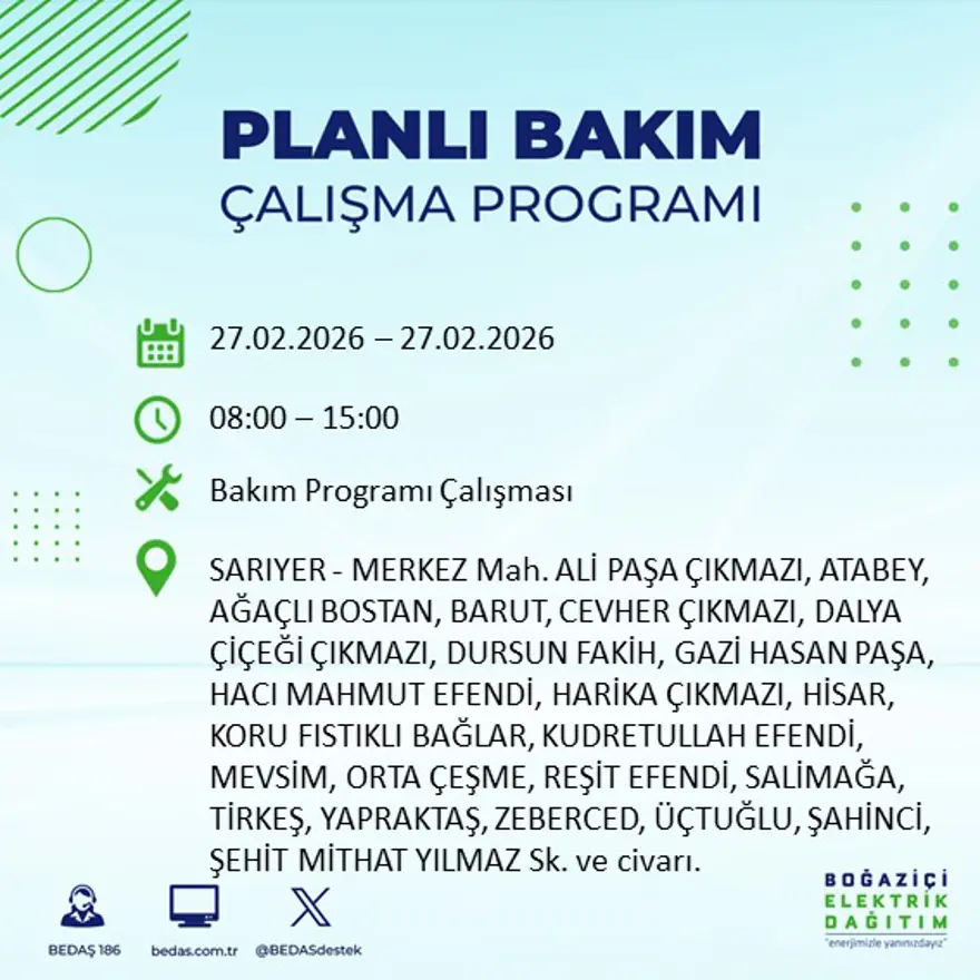 İstanbul'un 24 ilçesinde yarın elektrikler olmayacak: Birçok ilçede 6 saat elektrik kesintisi yaşanacak (27 Şubat BEDAŞ kesinti programı) 8