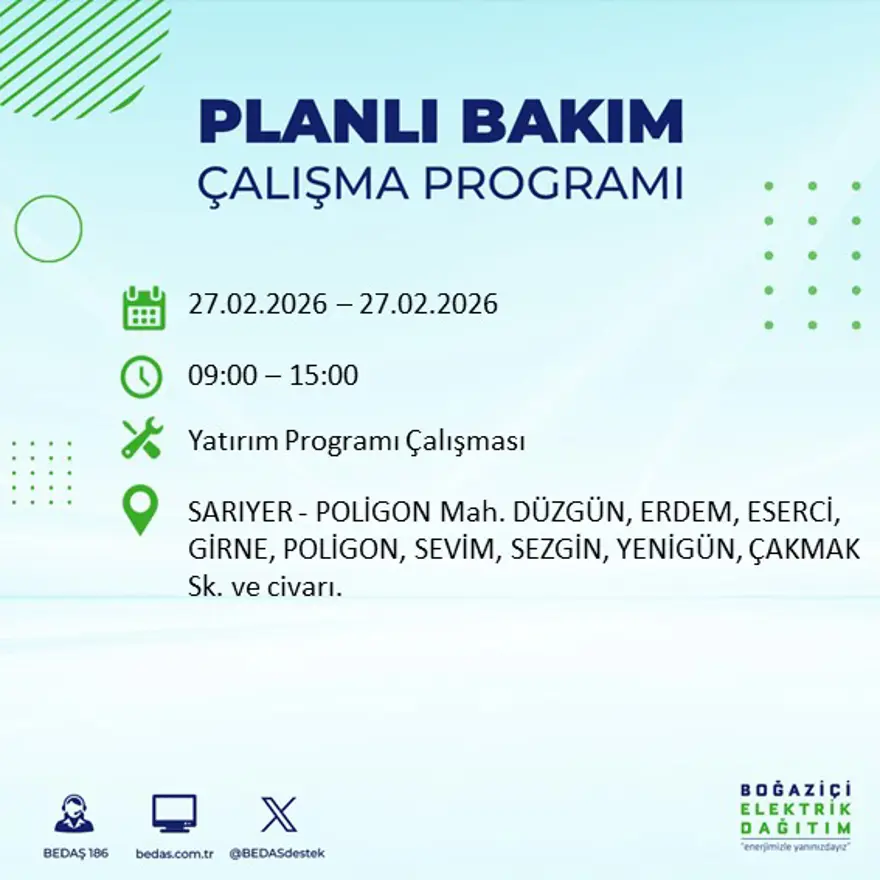İstanbul'un 24 ilçesinde yarın elektrikler olmayacak: Birçok ilçede 6 saat elektrik kesintisi yaşanacak (27 Şubat BEDAŞ kesinti programı) 38