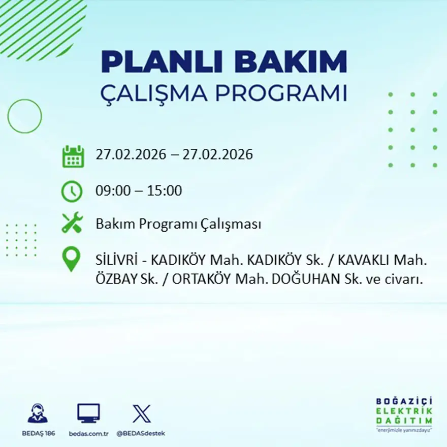 İstanbul'un 24 ilçesinde yarın elektrikler olmayacak: Birçok ilçede 6 saat elektrik kesintisi yaşanacak (27 Şubat BEDAŞ kesinti programı) 41