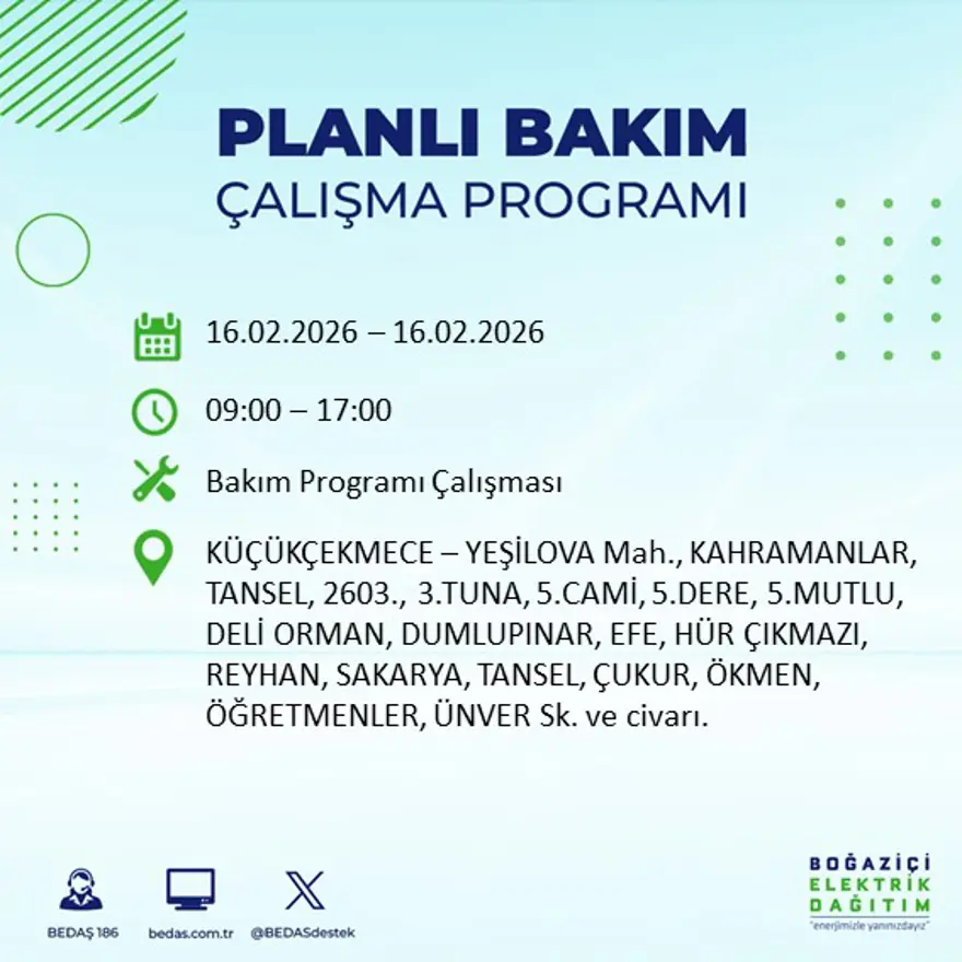 İstanbul'un 18 ilçesi yarın karanlıkta kalacak: Birçok ilçede 8 saat elektrik kesintisi yaşanacak (16 Şubat BEDAŞ kesinti programı) 23