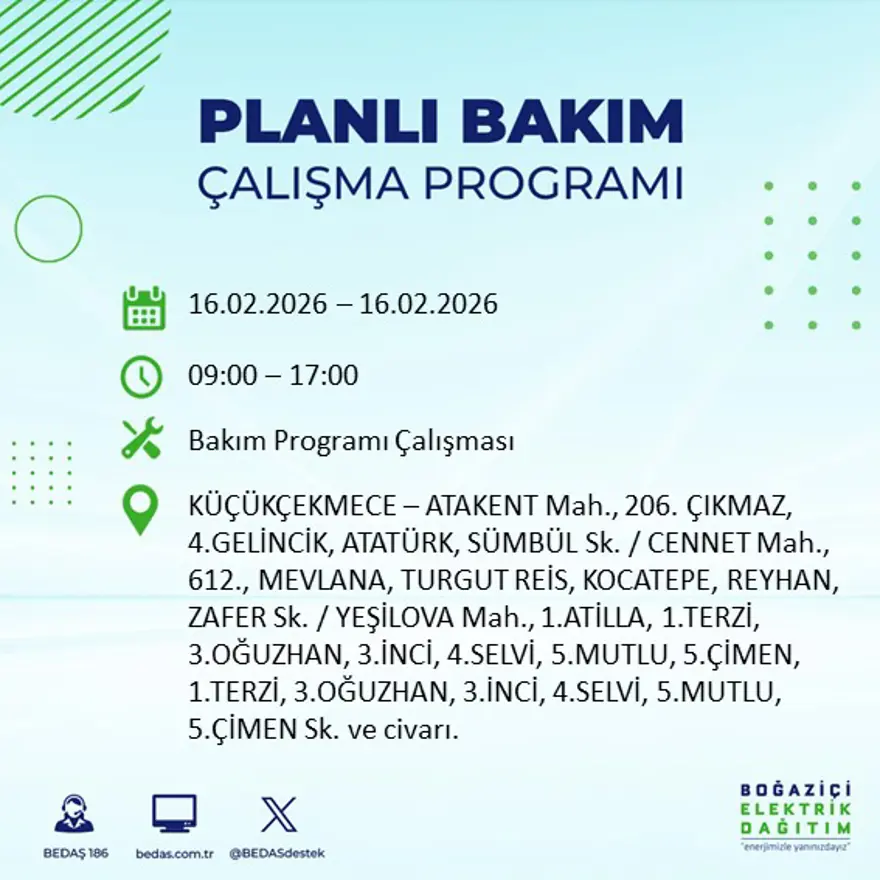 İstanbul'un 18 ilçesi yarın karanlıkta kalacak: Birçok ilçede 8 saat elektrik kesintisi yaşanacak (16 Şubat BEDAŞ kesinti programı) 12