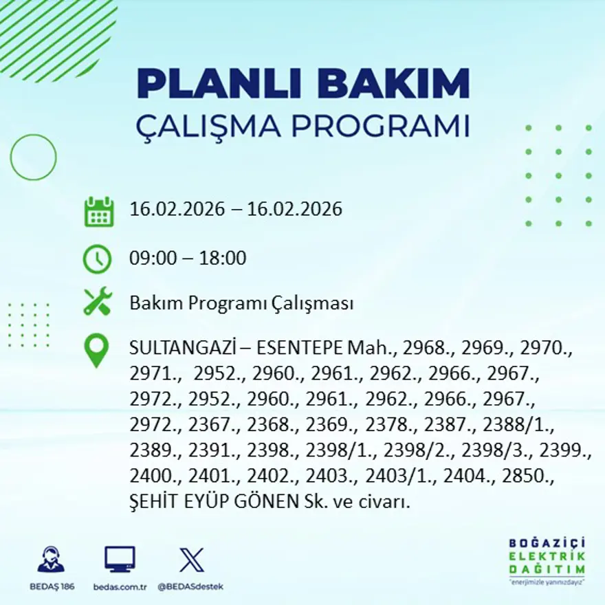 İstanbul'un 18 ilçesi yarın karanlıkta kalacak: Birçok ilçede 8 saat elektrik kesintisi yaşanacak (16 Şubat BEDAŞ kesinti programı) 11