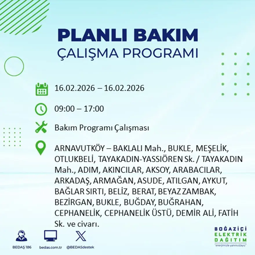 İstanbul'un 18 ilçesi yarın karanlıkta kalacak: Birçok ilçede 8 saat elektrik kesintisi yaşanacak (16 Şubat BEDAŞ kesinti programı) 17