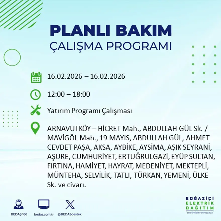 İstanbul'un 18 ilçesi yarın karanlıkta kalacak: Birçok ilçede 8 saat elektrik kesintisi yaşanacak (16 Şubat BEDAŞ kesinti programı) 19