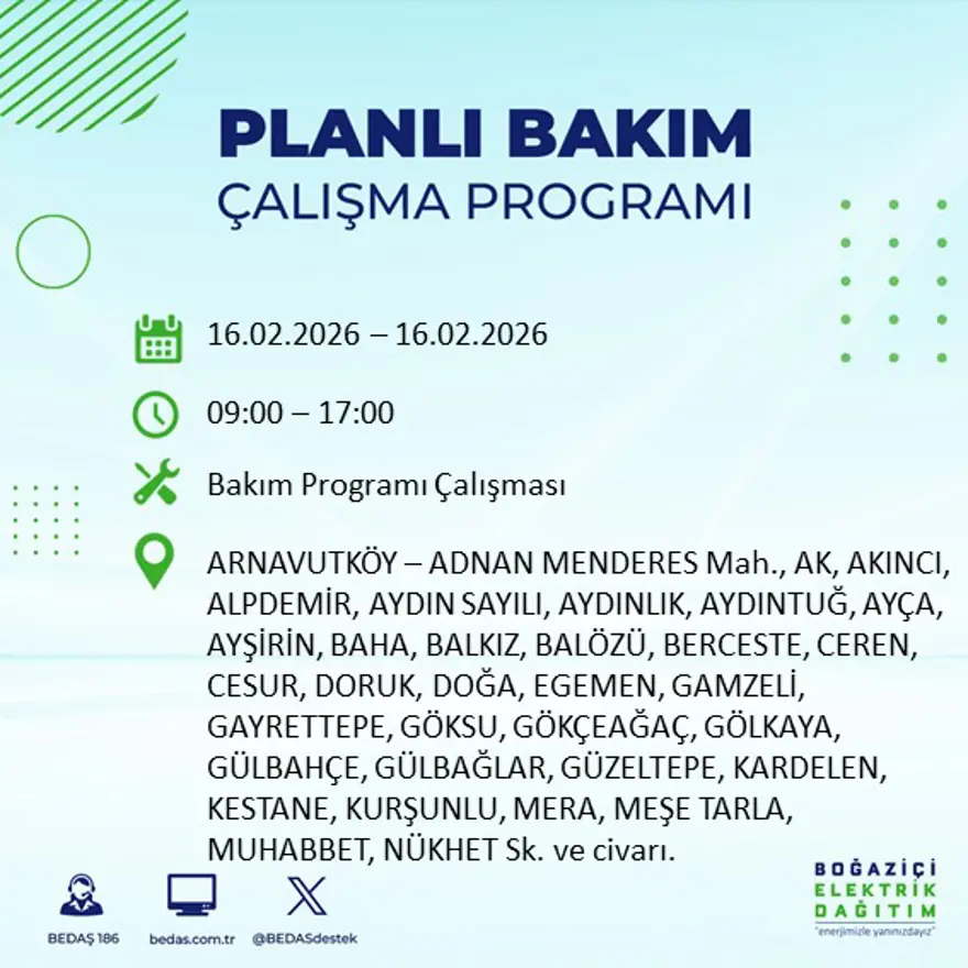 İstanbul'un 18 ilçesi yarın karanlıkta kalacak: Birçok ilçede 8 saat elektrik kesintisi yaşanacak (16 Şubat BEDAŞ kesinti programı) 13