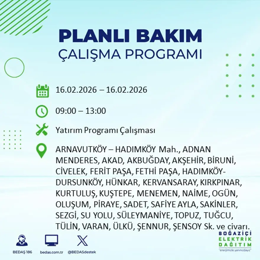 İstanbul'un 18 ilçesi yarın karanlıkta kalacak: Birçok ilçede 8 saat elektrik kesintisi yaşanacak (16 Şubat BEDAŞ kesinti programı) 1