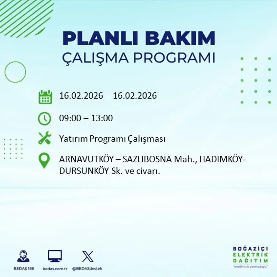 İstanbul'un 18 ilçesi yarın karanlıkta kalacak: Birçok ilçede 8 saat elektrik kesintisi yaşanacak (16 Şubat BEDAŞ kesinti programı) 46