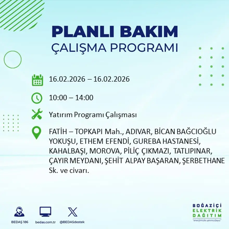 İstanbul'un 18 ilçesi yarın karanlıkta kalacak: Birçok ilçede 8 saat elektrik kesintisi yaşanacak (16 Şubat BEDAŞ kesinti programı) 28