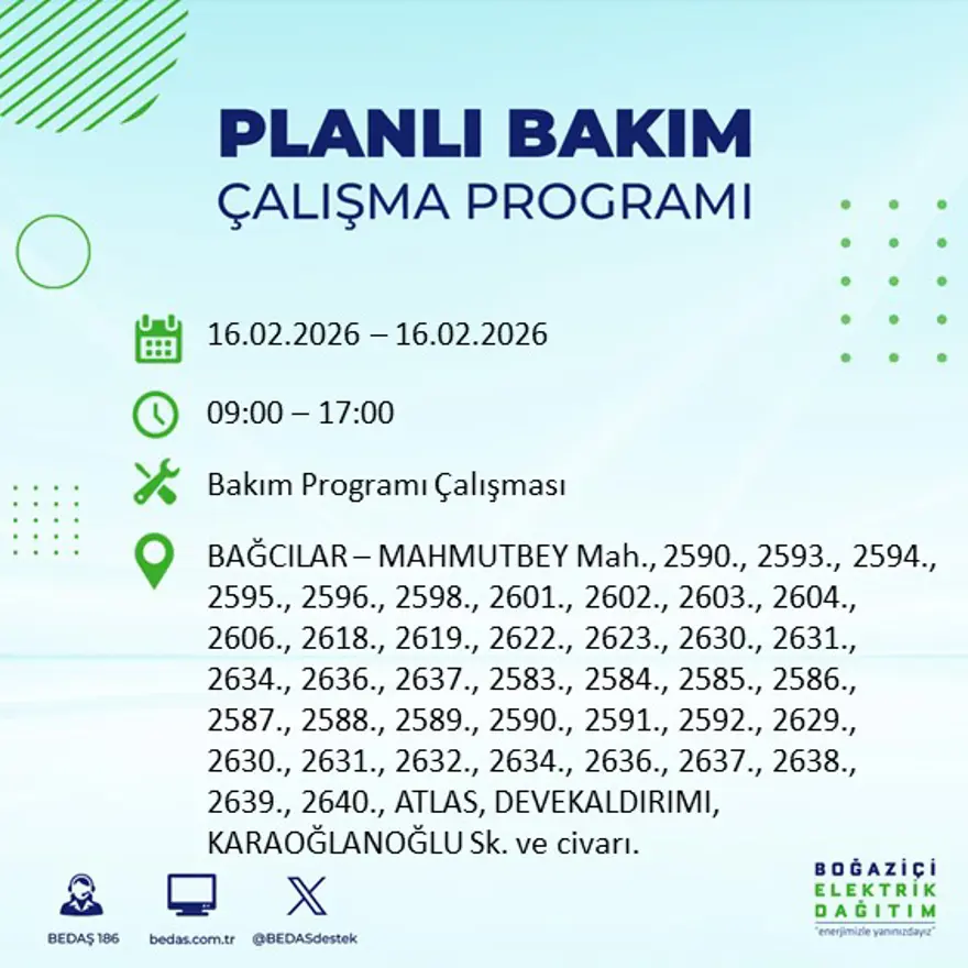 İstanbul'un 18 ilçesi yarın karanlıkta kalacak: Birçok ilçede 8 saat elektrik kesintisi yaşanacak (16 Şubat BEDAŞ kesinti programı) 6