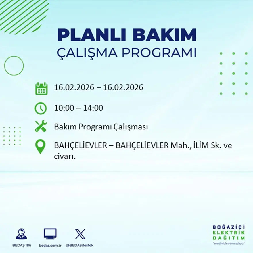 İstanbul'un 18 ilçesi yarın karanlıkta kalacak: Birçok ilçede 8 saat elektrik kesintisi yaşanacak (16 Şubat BEDAŞ kesinti programı) 53