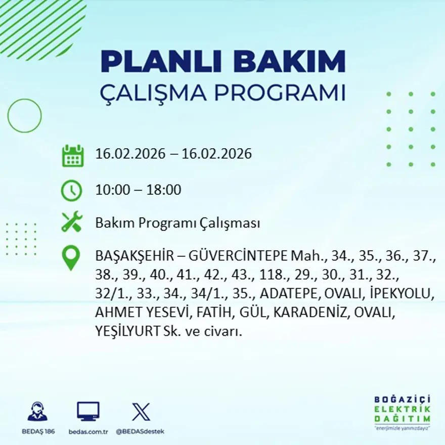 İstanbul'un 18 ilçesi yarın karanlıkta kalacak: Birçok ilçede 8 saat elektrik kesintisi yaşanacak (16 Şubat BEDAŞ kesinti programı) 27